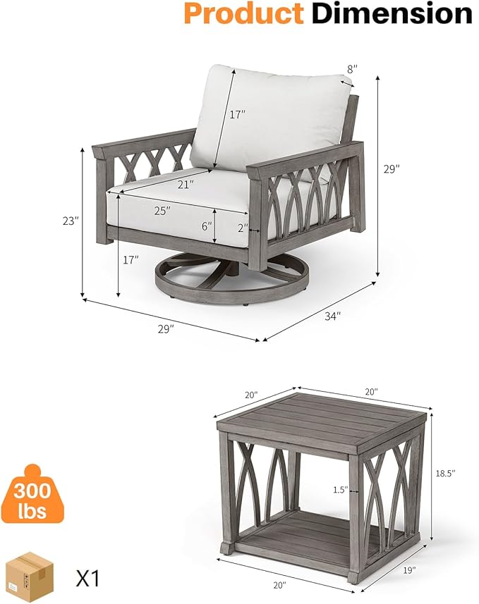 2-Piece Aluminum Outdoor Furniture Set, Swivel Patio Sofa Chair and Side Table Set - Photo 2