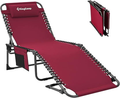 KingCamp Lounge Chair Outdoor, Folding Portable Tanning Chairs Comfy Adjustable 5-Position Lay Flat Foldable Chaise Chaser Lounger with Pillow for Outside Beach Patio Sun Bathing Backyard Pool, Wine