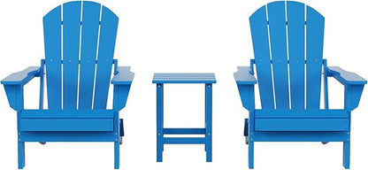 Costaelm 3 piece Patio Set, Outdoor Modern Adirondack Table and Chairs, All Weather Balcony Furniture Set Lounge Firepit Chairs for Outside Deck Garden Lawn Pool, Pacific Blue