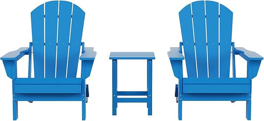 Costaelm 3 piece Patio Set, Outdoor Modern Adirondack Table and Chairs, All Weather Balcony Furniture Set Lounge Firepit Chairs for Outside Deck Garden Lawn Pool, Pacific Blue