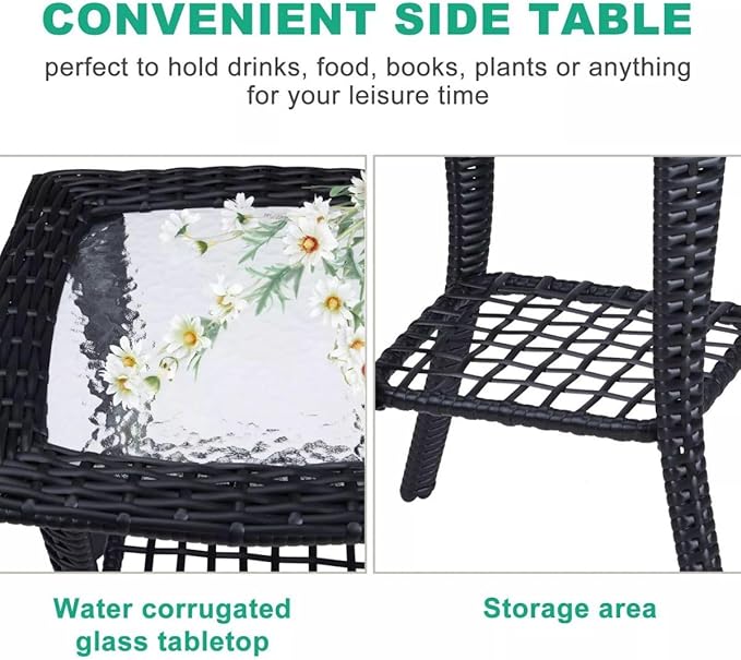 Patio Wicker Side Table, Outdoor PE Rattan End Table with Tempered Glass Top and 2-Tier Storage Shelf, Square Coffee Table for Deck Porch Garden Backyard- Black