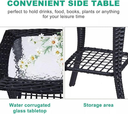 Patio Wicker Side Table, Outdoor PE Rattan End Table with Tempered Glass Top and 2-Tier Storage Shelf, Square Coffee Table for Deck Porch Garden Backyard- Black