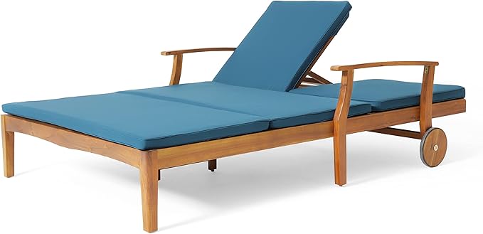 Outdoor Double Chaise Lounge Chairs, All Weather Acacia Wood Frame Patio Reclining Daybed Sunbed with Cushions and Adjustable Backrest for 2 People