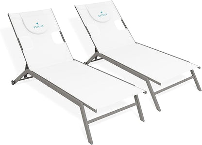 Ostrich Chatham 2 Pieces Patio Chaise Lounges, Patio Lounge Chairs,Facedown Tanning Chair, Patio Chairs, 5-Position Recliner Adjustable Sunbathing Lounge Chair for Patio,Yard, Pool, White & Tan