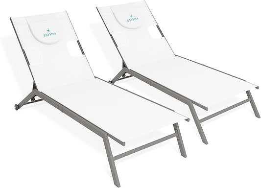 Ostrich Chatham 2 Pieces Patio Chaise Lounges, Patio Lounge Chairs,Facedown Tanning Chair, Patio Chairs, 5-Position Recliner Adjustable Sunbathing Lounge Chair for Patio,Yard, Pool, White & Tan