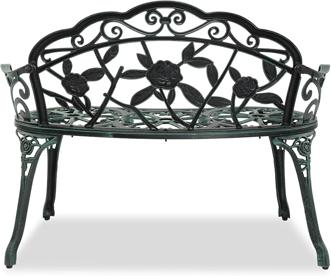 38.5" Outdoor Loveseat Bench Anti-Rust Cast Aluminum Metal Seating Furniture for Garden Patio Porch Park Deck Lawn Rose (Green)