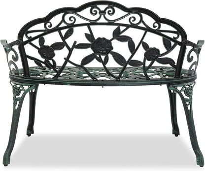 38.5" Outdoor Cast Aluminum Patio Bench,Park Leisure Rose Chairs,Metal Porch Bench Chair,Outside Patio Park Benches,with Curved Legs,for Bedroom Deck Garden Balcony Backyard Entryway (Antique Green)