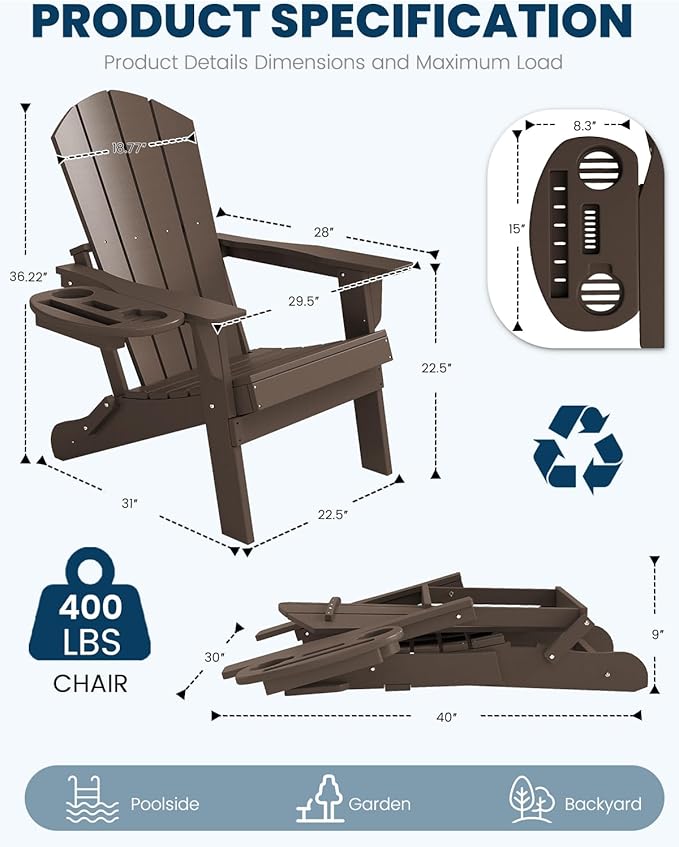 FOOWIN Folding Adirondack Chair Set of 2, HDPE Adirondack Chairs with Cup Holder - Photo 2