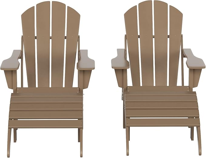 WestinTrends Malibu Outdoor Lounge Chair Set, 4-Pieces Adirondack Chair Set of 2 with Ottoman, All Weather Poly Lumber Patio Lawn Folding Chair for Outside Pool Beach, Weathered Wood