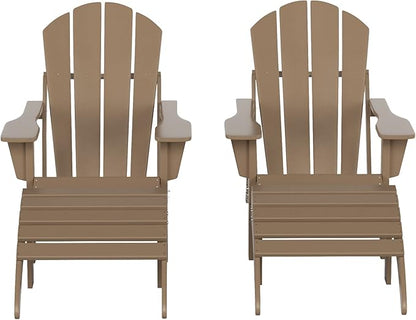 WestinTrends Malibu Outdoor Lounge Chair Set, 4-Pieces Adirondack Chair Set of 2 with Ottoman, All Weather Poly Lumber Patio Lawn Folding Chair for Outside Pool Beach, Weathered Wood