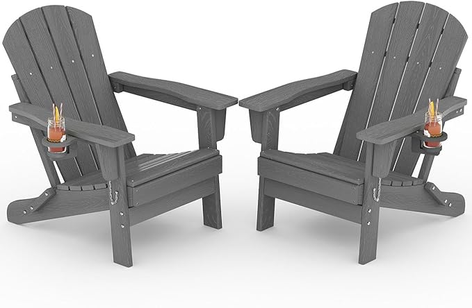 Garvee Folding Adirondack Chair Set of 2, HDPE Outdoor Patio Chair with Cup Holder, All Weather Resistent Wooden Textured for patios, Decks, Gardens, fire Pit, Grey