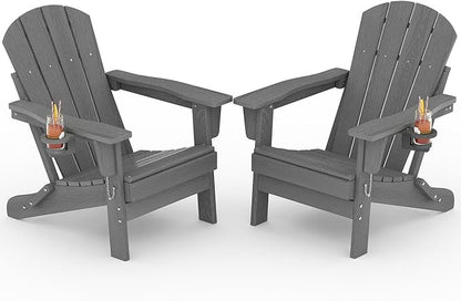 Garvee Folding Adirondack Chair Set of 2, HDPE Outdoor Patio Chair with Cup Holder, All Weather Resistent Wooden Textured for patios, Decks, Gardens, fire Pit, Grey