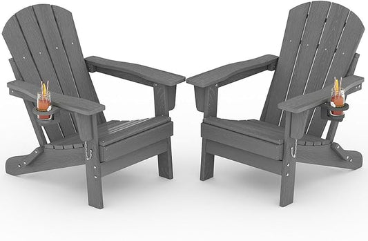 Garvee Folding Adirondack Chair Set of 2, HDPE Outdoor Patio Chair with Cup Holder, All Weather Resistent Wooden Textured for patios, Decks, Gardens, fire Pit, Grey