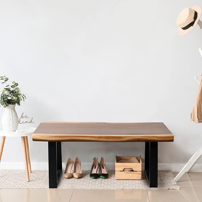 Solid Wood Bench Live Edge 39"x13"x18"H Rectangle Wooden Entryway Stools Natural Brown Rustic Coffee Side Table Bedroom Bathroom Living Room Patio Outdoor Garden Foot Stool