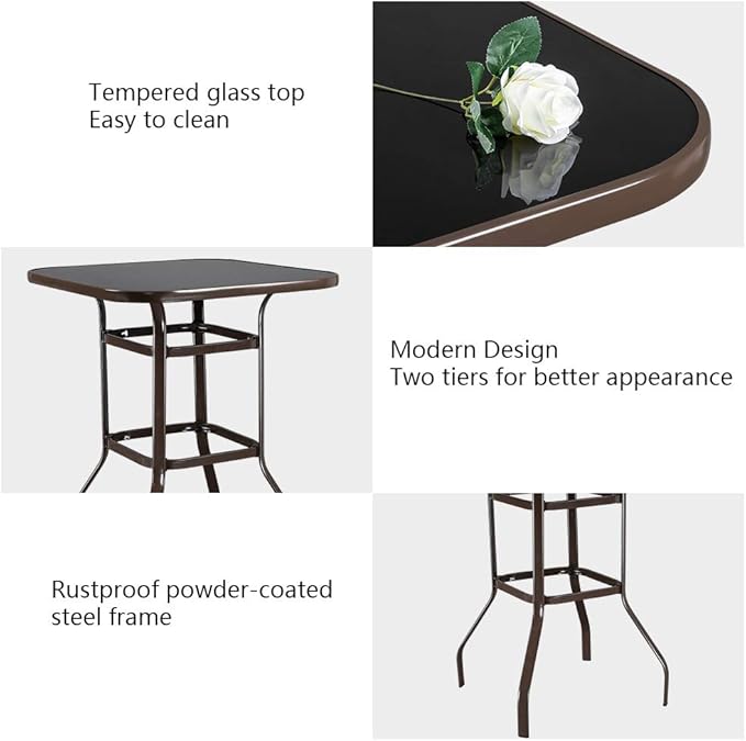 VINGLI 32" Indoor-Outdoor Bar Height Table, Square Tempered Glass Metal Table for Patio, Backyard, Poolside and Garden (Brown)
