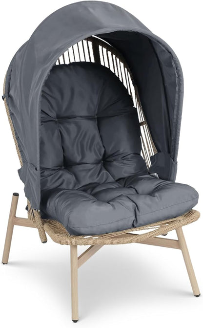 Athena Collection Patio Wicker Egg Chair with Folding Canopy, All-Weather Rattan Patio Lounge Chair with Sun Shade, Balcony Furniture Outside Seating for Front Porch, Garden, Poolside, Outdoor, Grey