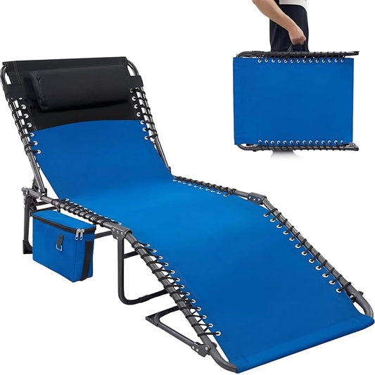 Chaise Lounge Chair Outdoor with Side Pocket,5-Position Adjustable Backrest, Pillow & Side Pocket,Portable Sun Tanning Chair Chaise Lounge for Outdoor Backyard Poolside,Beach, Patio,Blue