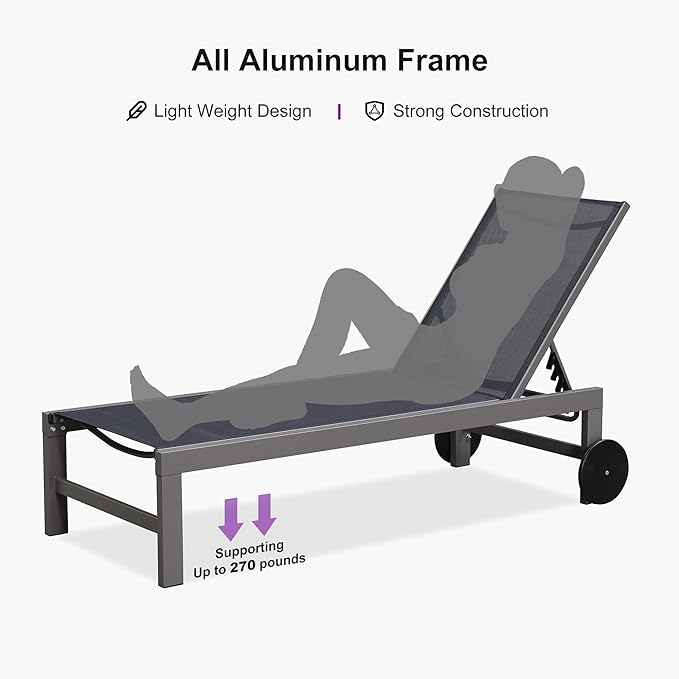 PURPLE LEAF Patio Chaise Lounge Set for 4 Outdoor Pool Lounge Chairs with Adjustable Backrest and Side Tables Aluminum - Photo 8
