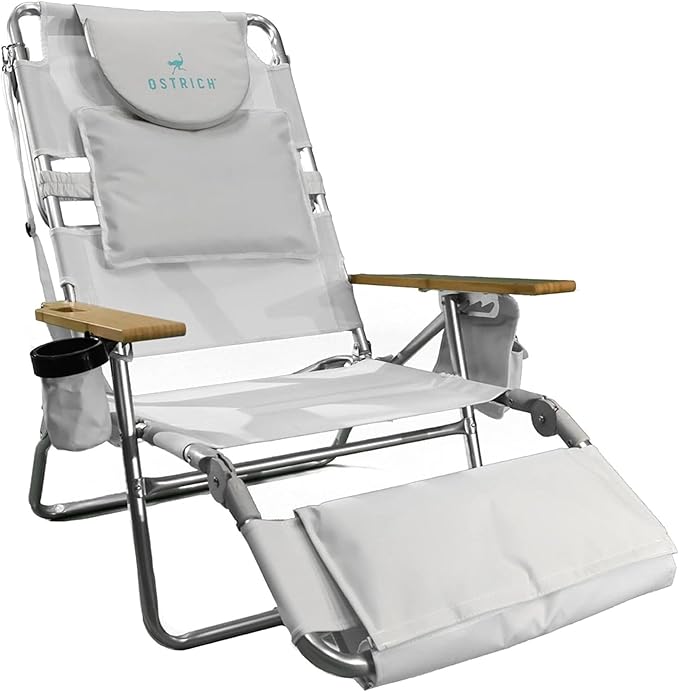 Ostrich the Deluxe 3N1 Reclining Lounge Chair, Folding Outdoor Lounger and Extra-Wide Beach Chair with Wooden Armrests and Face Hole, White