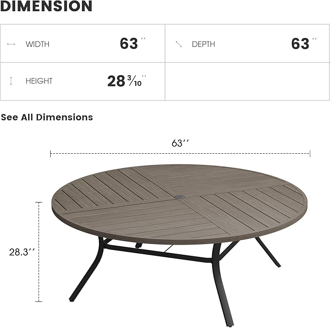 Patio Dining Table for 8-10, Round Metal Outdoor Table with Storage Shelf, 1.57" Umbrella Hole - Photo 3