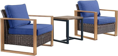 Rilyson 3 Piece Wicker Patio Furniture Set,Patio Bistro Set with 2 Rattan Armrest Chairs and 1 Side Table,Sturdy Frame,All-Weather PE Wicker,Wide Armrest,Deep Seating and Thick Cushions(Brown/Blue)