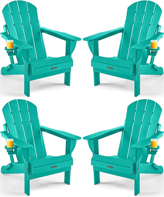Ciokea Folding Adirondack Chair 4 Pack, Patio Adirondack Chair Weather Resistant, Plastic Fire Pit Chair with Cup Holder - Photo 1