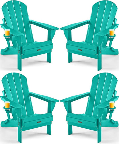 Ciokea Folding Adirondack Chair 4 Pack, Patio Adirondack Chair Weather Resistant, Plastic Fire Pit Chair with Cup Holder, Lawn Chair for Outdoor Porch Garden Backyard Deck (Lake Blue)