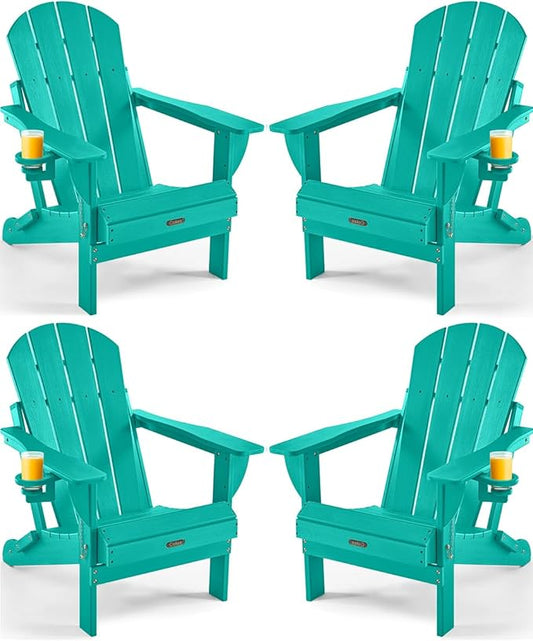 Ciokea Folding Adirondack Chair 4 Pack, Patio Adirondack Chair Weather Resistant, Plastic Fire Pit Chair with Cup Holder, Lawn Chair for Outdoor Porch Garden Backyard Deck (Lake Blue)