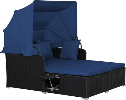 RELAX4LIFE Patio Outdoor Daybed with Canopy, Wicker Sunbed w/Cushions, 4 Pillows & 2 Retractable Side Trays, 2-Person Lounge Bed Conversation for Poolside Porch Garden, Rattan Outdoor Bed (Navy)