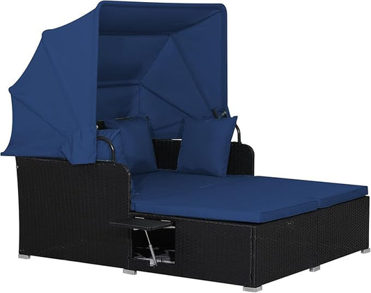 RELAX4LIFE Patio Outdoor Daybed with Canopy, Wicker Sunbed w/Cushions, 4 Pillows & 2 Retractable Side Trays, 2-Person Lounge Bed Conversation for Poolside Porch Garden, Rattan Outdoor Bed (Navy)