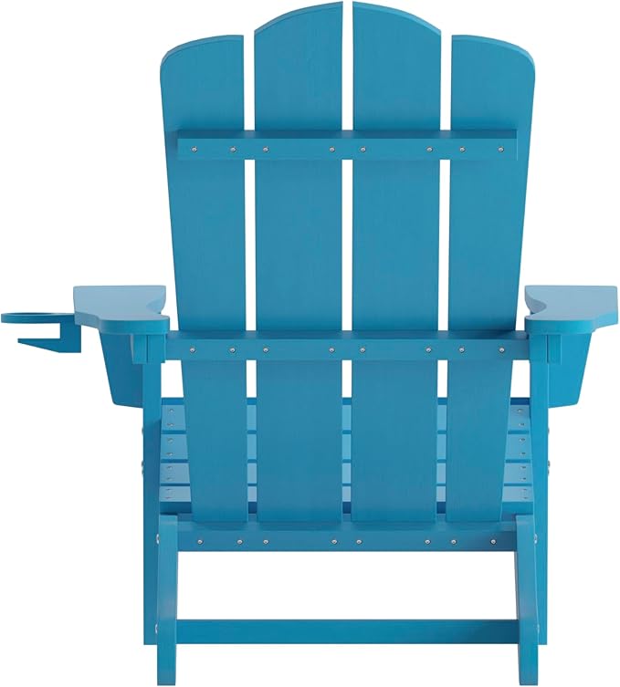Flash Furniture Newport Adirondack Chairs with Cup Holders, Weather Resistant Poly Resin Adirondack Chairs, Set of 4, Blue