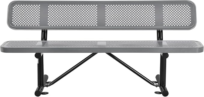 Global Industrial 6'L Heavy Duty Outdoor Steel Picnic Bench with Backrest, Perforated Metal, Portable Outdoor Bench, 1000 lbs Capacity, Gray, 72" L x 24" W x 33" H