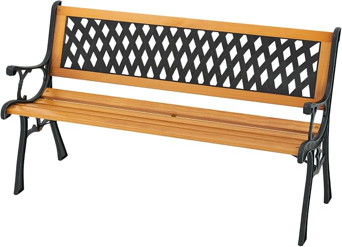 Giantex 49.5" 3-Person Outdoor Bench with Lattice Pattern Backrest, 470 Lbs Capacity, Slatted Seat, Curved Armrests - Photo 1