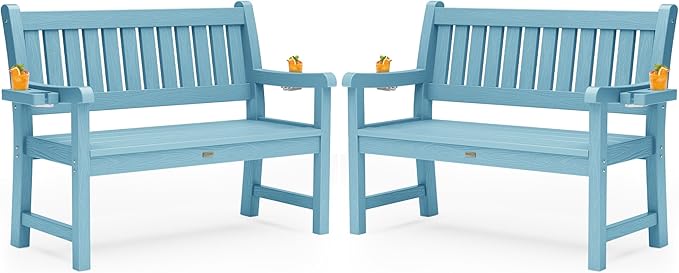 YEFU Outdoor Bench for Patio Waterproof: Heavy Duty 2-Person Garden Bench Set of 2 with 2 Cup Holders & Oversized Seating - HIPS Weatherproof Patio Benches for Front Porch Backyard Park, Blue
