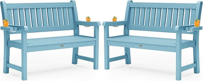 YEFU Outdoor Bench for Patio Waterproof: Heavy Duty 2-Person Garden Bench Set of 2 with 2 Cup Holders & Oversized Seating - HIPS Weatherproof Patio Benches for Front Porch Backyard Park, Blue
