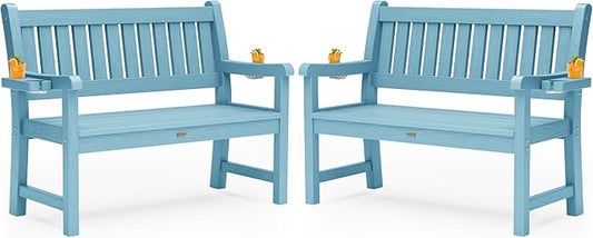 YEFU Outdoor Bench for Patio Waterproof: Heavy Duty 2-Person Garden Bench Set of 2 with 2 Cup Holders & Oversized Seating - HIPS Weatherproof Patio Benches for Front Porch Backyard Park, Blue