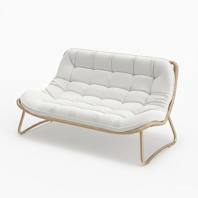Kingdura Outdoor Wicker Papasan Egg Chair, Outdoor Loveseat, 2 Seater Oversized Patio Lounge Recliner with Thick Cushion, All-Weather Comfy Chaise Chair for Balcony, Porch, Pool & Indoor, Beige