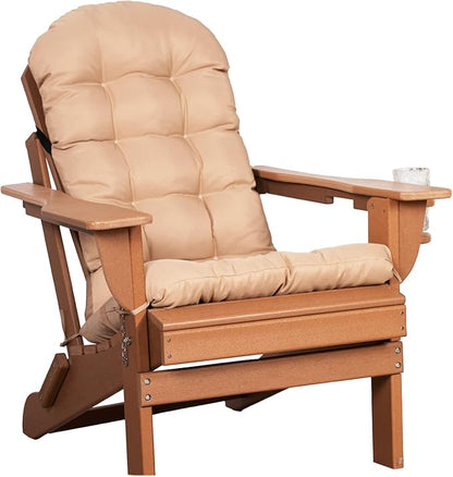 Oversized Adirondack Chair with Cushion & Cup Holder, HDPE Weather Resistant Folding Adirondack Chair for Adults, Outdoor Fire Pit Chairs for Patio/Porch/Swimming Pool/Garden (1, Teak)