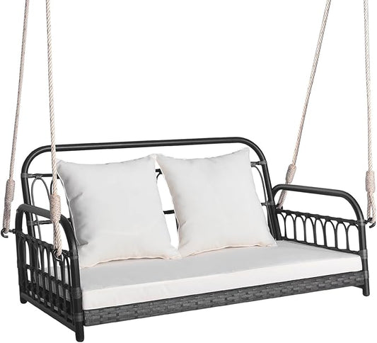 HAPPYGRILL 2-Person Patio Wicker Swing Chair, Hanging Outdoor Swing Bench with Removable Cushions, 880 LBS Weight Capacity, Outdoor Front Porch Swing for Garden Poolside Backyard