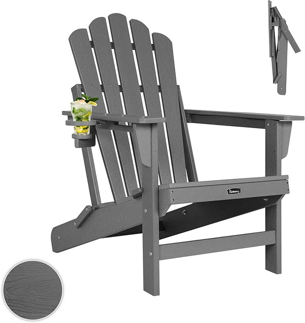 FUNBERRY Folding Adirondack Chair, All Weather HDPE Wood Texture Fire Pit Chairs with Cup Holder for Outdoor - Photo 1