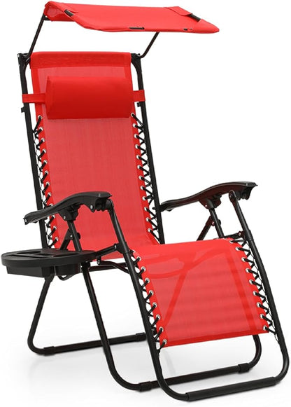 Athena Collection Folding Zero Gravity Chair with Canopy, Adjustable Lounge Chair Recliner, Outdoor Lawn Chair Camping Chairs Beach Chaise Chairs with Headrest & Cup Holder for Patio Pool, Red