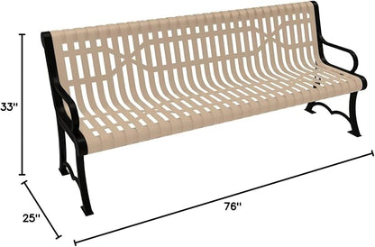 COATEDOUTDOORFURNITURE Coated Outdoor Furniture Heavy-Duty Outdoor Bench Thermoplastic Coated, Slated Steel, Commercial-Grade Garden Bench, Made in America (Portable with Back, 6 Ft, Tan)