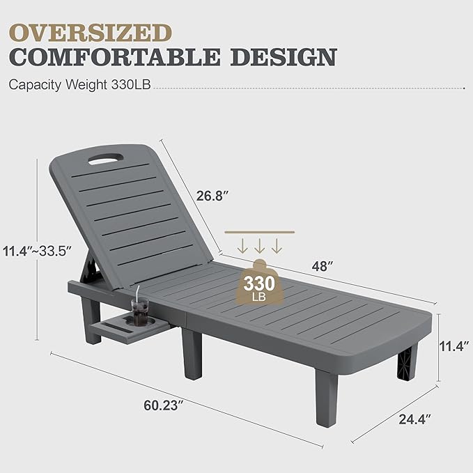 UDPATIO Outdoor Lounge Chairs Set of 2, Resin Adjustable Backrest & Side Table – Oversized Heavy Duty Patio Reclining Lounger Seating for Pool, Beach,Garden,Resin Grey,2 PCS