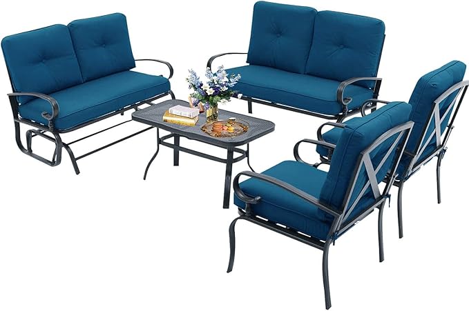 5Pcs Patio Conversation Set Outdoor Wrought Iron Furniture Set with 1 Glider, 1 Loveseat, 2 Single Chairs - Photo 1