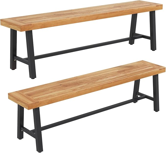 Outdoor Bench Garden Bench Set of 2, 63" Backless Acacia Wood Bench with Heavy-Duty Metal Legs, Patio Dining Bench Front Porch Benches for Outside, Yard & Garden