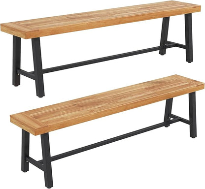 Outdoor Bench Garden Bench Set of 2, 63" Backless Acacia Wood Bench with Heavy-Duty Metal Legs, Patio Dining Bench Front Porch Benches for Outside, Yard & Garden