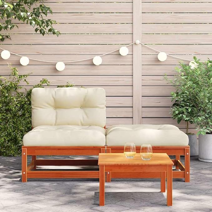 Rustic Modular Garden Sofa with Footstool, Solid Pine Wood Construction, Warm Wax Brown Finish, Plush Oxford Fabric Cushions, Water-Resistant & Easy