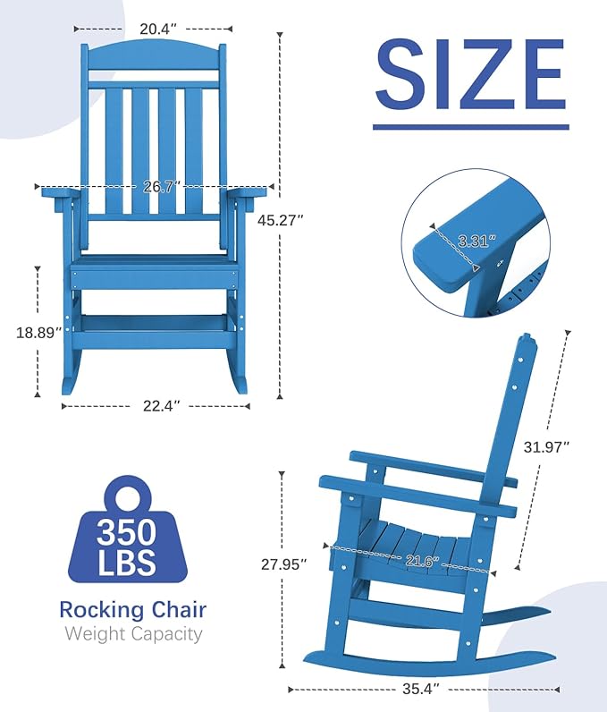 FOOWIN Outdoor Rocking Chair Set of 6, High Back Patio Rocking Chair, HDPE All Weather Resistant Porch Rocker for Adult, Oversized Rocking Chairs for Garden, Lawn, Indoor & Outdoor Use, Pacific Blue