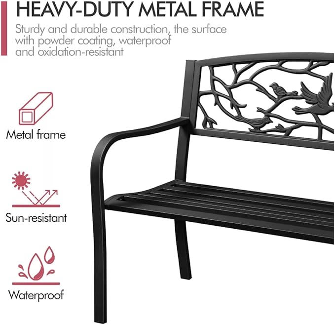 Patio Outdoor Park Loveseat Bench for Garden Porch Deck Made Cast Iron Anti-Rust Aluminum Metal, 2-3 Seater Aluminium Steel (Bird Pattern 50")