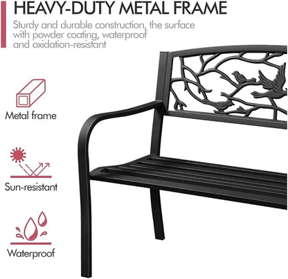 Patio Outdoor Park Loveseat Bench for Garden Porch Deck Made Cast Iron Anti-Rust Aluminum Metal, 2-3 Seater Aluminium Steel (Bird Pattern 50")